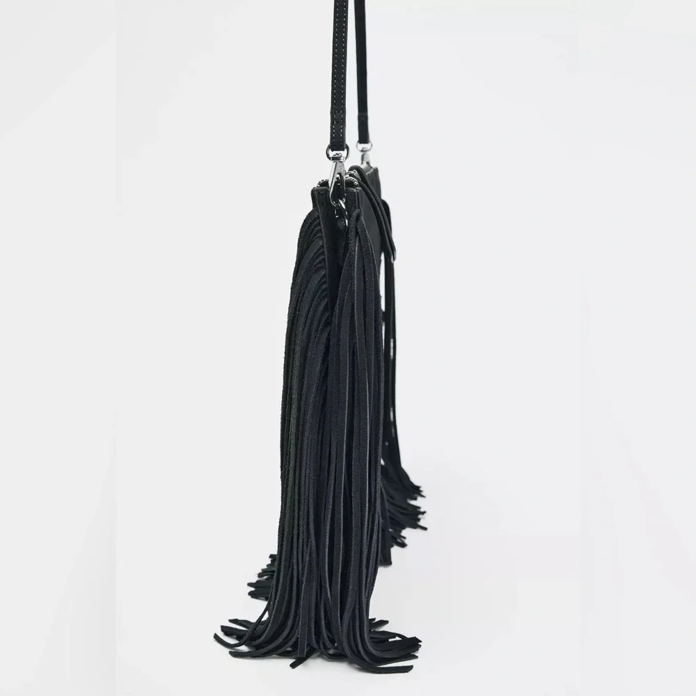 ZARA Leather Fringed Crossbody Bag - Black